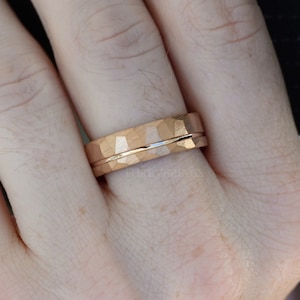 Hammered Rose Gold Wedding Band with Offset Groove, Man Engagement Ring, 7mm Brushed Rose Gold Tungsten Band, Unique Ring, Ring Engraving