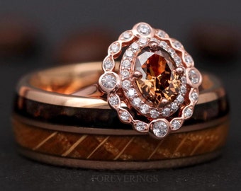 Coffee and Whiskey Engagement Ring Set, His and Her Rose Gold Wedding Ring, Smoky Quartz, Matching Wedding Band, Promise Ring, Anniversary