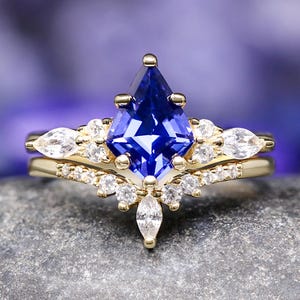 Kite Cut Blue Sapphire Engagement Ring - Orion Nebula Space Wedding Band Set, 925 Sterling Silver & Yellow Gold, Unique Gift for Her