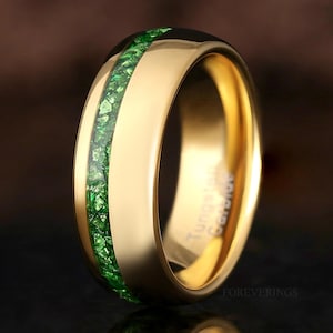 Emerald Mens Wedding Band, Gold Tungsten Ring, 8mm Green Gemstone Ring, Unique Men Engagement & Promise Ring, Dome, Polish, Offset Inlay