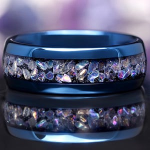 Celestial Moonstone Wedding Band for Men | Blue Tungsten Ring Inspired by the Veil Nebula