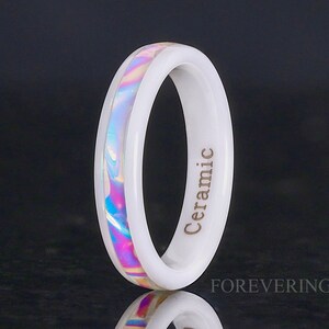 Caribbean Dichrolam White Ceramic Band, 4mm Beach Ring, Man Woman Wedding Band, Blue and Pink Color Changing Band, Nebula Ring, Engraving