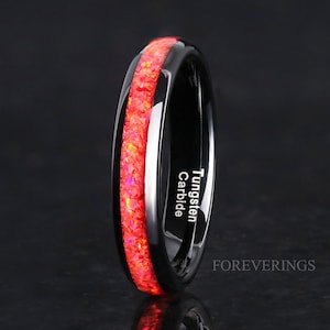 Opale de feu rouge 4 mm, alliance en tungstène, bague homme femme, bague noire, bague opale rouge, dôme, vernis, coupe confortable