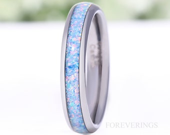 Rainbow Opal Ring, 4mm Silver Tungsten Wedding Band, No Plating, Polish, Dome, Comfort Fit, Unique Ring, Men Women Ring, October Birthstone