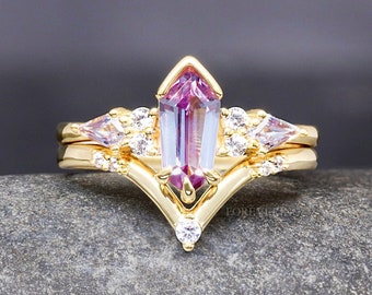 Gold Alexandrite Engagement Ring Set, Crab Nebula Ring, Kite Coffin Stone, Alternative 925 Sterling Silver Ring, Outer Space Wedding Ring