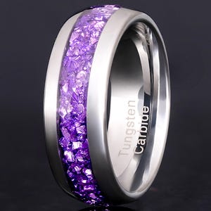 Amethyst Ring, Purple Men’s Wedding Band, 8mm Silver Tungsten Ring, Unique Men’s Engagement Band, Promise Ring Gift, Dome Polish Comfort Fit