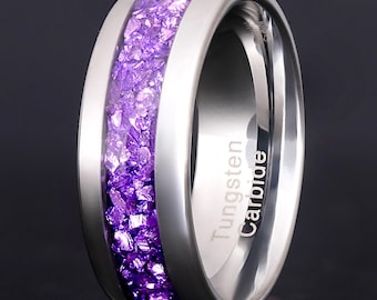 Amethyst Ring, Purple Men’s Wedding Band, 8mm Silver Tungsten Ring, Unique Men’s Engagement Band, Promise Ring Gift, Dome Polish Comfort Fit