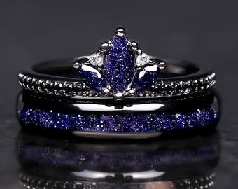 Starry Night Stacking Ring Set | Lotus Sandstone Celestial Wedding Bands