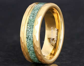 Mosagaatring heren, gouden trouwring, gepersonaliseerd cadeau, goudgroene mosagaatband, platte mat, hamerwolfraam, ring aardachtig natuur