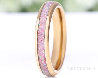 Unicorn Opal Ring, 4mm Tungsten Wedding Band, Yellow Gold Plated Ring, Polished, Dome, Comfort Fit, Men Women Ring, October Birthstone