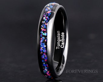 Black Starry Night Van Gogh Opal 4mm Ring, Tungsten Wedding Band, Black Opal Ring, Women Men Ring, Dome, Polished, Unique Band, Ring Engrave