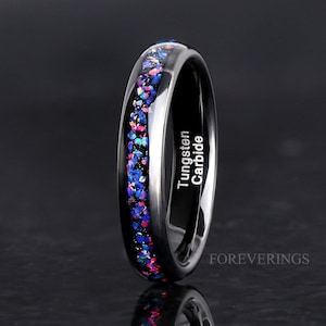 Black Starry Night Van Gogh Opal 4mm Ring, Tungsten Wedding Band, Black Opal Ring, Women Men Ring, Dome, Polished, Unique Band, Ring Engrave