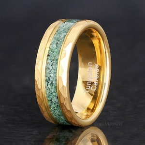 Moss Agate Ring Men, Gold Wedding Band, Personalized Gift, Gold Green Moss Agate Band, Flat Matte, Hammer Tungsten, Earthy Nature Ring