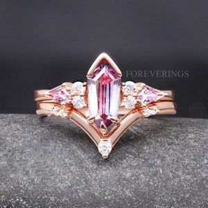 Rose Gold Alexandrite Alternative Engagement Ring Set, Crab Nebula Ring, Kite Coffin Stone, 925 Sterling Silver Ring Set, Space Wedding Ring