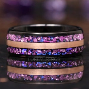 Mens Alexandrite Wedding Band, Purple Space Inspired Crab Nebula Ring, Black and Rose Gold Tungsten Ring, Unique Promise Ring for Him
