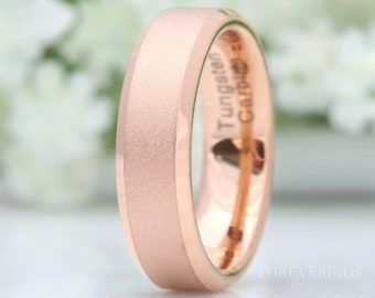 Sandblast Rose Gold Men Women Ring, 6mm Flat Wedding Band, Simple and Unique Custom Engraved Ring