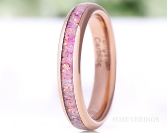 Unicorn Opal Ring, 4mm Tungsten Wedding Band, Rose Gold Plated Ring, Polished, Dome, Comfort Fit, Men Women Ring, October Birthstone