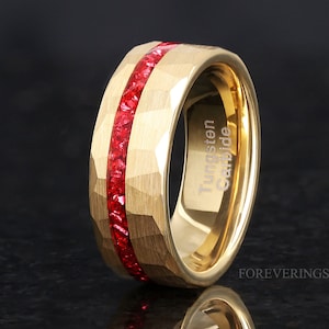 Hammered Gold Ruby Ring, Men Wedding Band, Offset Crush Red German Glass Stones, Brushed Gold Tungsten Ring, Personalized Gift, Promise Ring