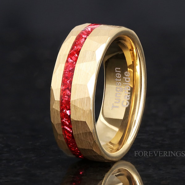 Hammered Gold RUBY Ring for Him, 8mm Men Wedding Band, Offset Crushed Red German Glass Stones, Brushed Gold Tungsten Ring, Ring Engrave