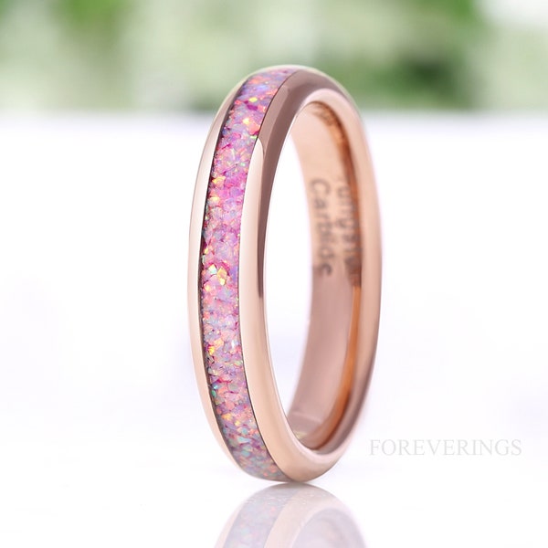 Unicorn Opal Ring, 4mm Tungsten Wedding Band, Rose Gold Plated Ring, Polished, Dome, Comfort Fit, Men Women Ring, October Birthstone