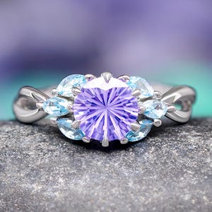 Nesta Amethyst Ring, Unique Engagement Ring, Womens Wedding Ring, Floral Nature, Enchanted Fairy Ring, Nontraditional Aquamarine Leaf Ring