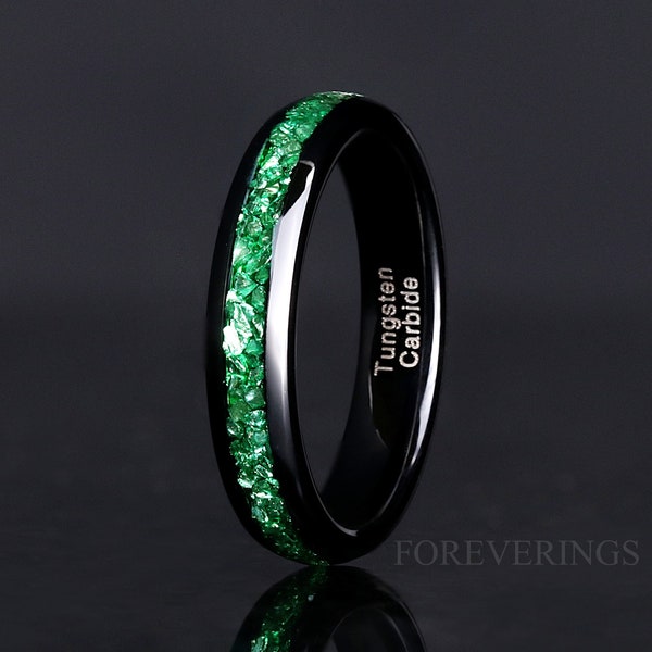 Emerald Wedding Band 4mm Black Tungsten Ring, Green Gemstone Ring, Dome, Polish, Unique Modern Promise Ring, Man Woman Wedding Band, Engrave