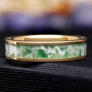 Gold Moss Agate Ring, Mens Wedding Band, 6mm Tungsten Ring, Flat Polished Comfort Fit, Unique Promise Ring, Nature-Inspired Gift for Husband