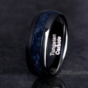 Black Onyx Modern Mens Wedding Band, 8mm Black Tungsten Ring, Crushed Black Onyx Ring, Polished, Dome, Unique Wedding Band, Ring Engraving