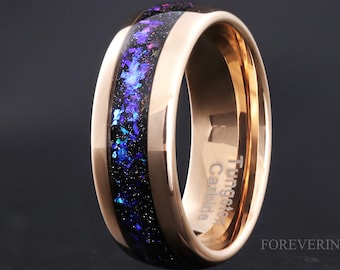 Ring Orionnevel roségoud, man-vrouw trouwring, 8 mm-6 mm-4 mm wolfraamband, blauwe nevelring, ruimtering, unieke ring, gravure