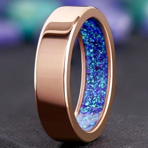 Titanium Hidden Opal Mens Ring - 6mm Rose Gold Wedding Band, Flat Polish, Men Engagement Promise Ring for Him, Borealis Northern Lights