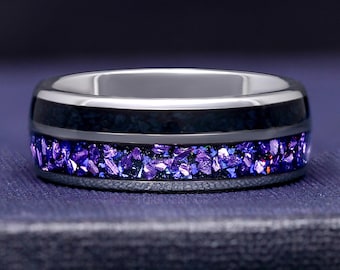 Alexandrite & Onyx Tungsten Ring, Mens Wedding Band, Black and Purple, Silver Tungsten Ring, Unique Engagement Ring, Crab Nebula Ring, Lotus