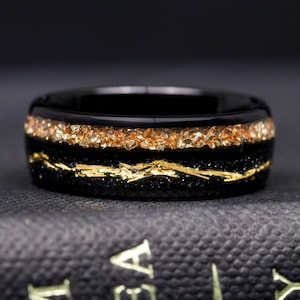 Citrine Men&#39;s Ring, Black & Gold Wedding Band, 8mm Black Tungsten Ring, Unique Engagement or Promise Ring for Him, Personalized Gift for Him