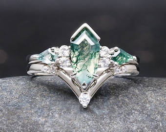 Green Moss Agate Ring Set, Alternative Engagement Ring, Kite Coffin, 925 Sterling Silver, Nature Ring, Promise Ring, Unique Woman Ring