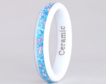 Rainbow Opal Ring, 4mm White Ceramic Wedding Band, Polish, Dome, Comfort Fit, Unique Ring, Men Women Ring, October Birthstone