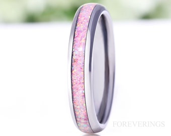 Unicorn Fire Opal Ring, Silver Tungsten Wedding Band, No Plating, Polish, Dome, Unique Ring, Men Women Ring, October Birthstone, Engraving