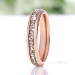 4mm Tungsten Wedding Band, Crushed Silver Glass Stones, Rose Gold Plated Ring, Polished, Dome, Comfort Fit, Unique Ring, Anniversary Gift