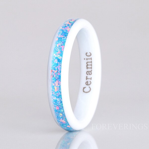Rainbow Opal Ring, 4mm White Ceramic Wedding Band, Polish, Dome, Comfort Fit, Unique Ring, Men Women Ring, October Birthstone