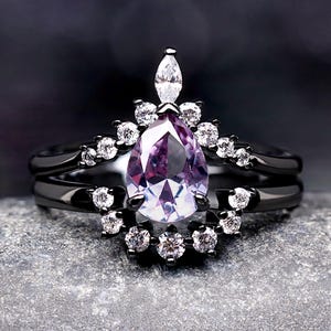 Alexandrite Engagement Ring Set, Crab Nebula Ring, Pear Cut Stone, Black Gold Filled 925 Sterling Silver Ring Set, Outer Space Wedding Ring