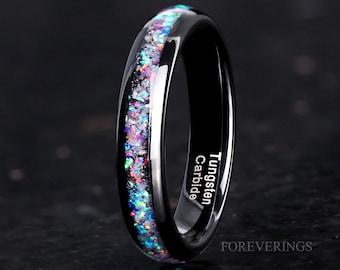 Glow Meteorite Galaxy Opal Ring, Glow in the Dark, 4mm Black Tungsten Ring, Mens Womens Wedding Band, Polished, Unique Meteorite Ring