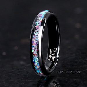Glow Meteorite Galaxy Opal Ring, Glow in the Dark, 4mm Black Tungsten Ring, Mens Womens Wedding Band, Polished, Unique Meteorite Ring