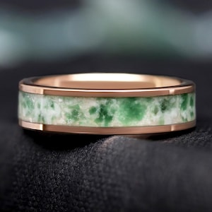 Rose Gold Moss Agate Ring, Mens Wedding Band, 6mm Tungsten, Flat Polished Comfort Fit, Nature-Inspired Promise Ring, Unique Anniversary Gift