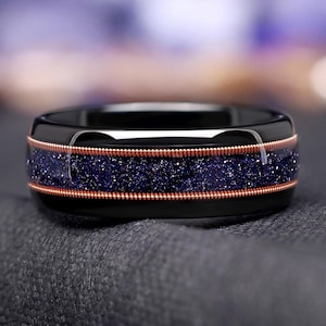 Starry Night roséguld volframarmband för män, Great Rift Nebula-ring, svart och roséguld rymdvigselring, sandstensring för gitarrsträngar