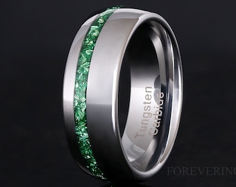 Emerald Mens Wedding Band, Silver Tungsten Ring, 8mm or 6mm Green Gemstone Ring, Dome, Polish, Man Engagement Ring, Unique Promise Ring