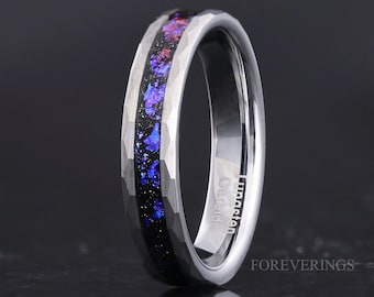 Orionnevel ring gehamerde trouwring, 4 mm ruimtering, unieke zilveren wolfraamring, platte, matte borstel, blauwe nevelring, ringgravering