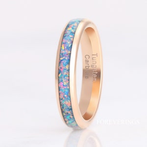 Regenbogen Feueropal Ring, Rosegold Trauring, 4 mm Rosegold Wolfram, poliert, Kuppel, Männer Frauen Ring, Oktober Geburtsstein, gravieren