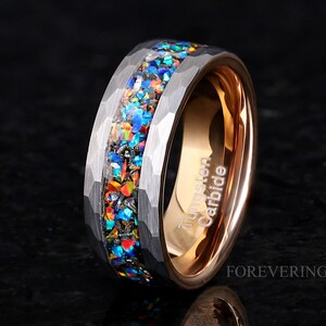 Hammered Meteorite Opal Ring, Mens Wedding Band, 8mm Brushed Tungsten, Real Meteorite and Galaxy Opal Ring, Silver Rose Gold Two Tone Band