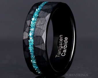 Aquamarine Black Hammered Tungsten Wedding Band for Men, Man Aquamarine Ring, Unique Promise Ring, 8mm Offset Wedding Band, Ring Engraving