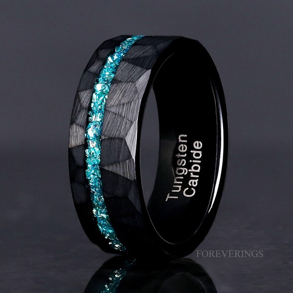 Aquamarine Black Hammered Tungsten Wedding Band for Men, Man Aquamarine Ring, Unique Promise Ring, 8mm Offset Wedding Band, Ring Engraving