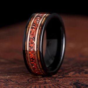Meteorite Dinosaur Ring, Charred Whiskey Wood & Bone, Rose Gold Tungsten, Unique Mens Wedding Band, Black and Rose Gold, Dinosaur Bone Ring