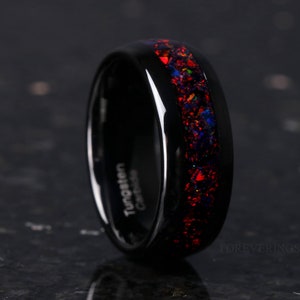 Black Fire Opal Ring, 8mm-6mm-4mm Black Tungsten Ring, Man Woman Wedding Band, Crushed Black Opal, Polished, Dome, Comfort Fit, Unique Ring
